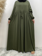 Drawstring Elasticity Muslim Pleated Solid Color Zipper Long Sleeves Loose Round-Neck Maxi Dresses