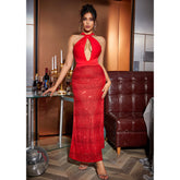 Halter Cutout Spliced Sequin Slit Dress