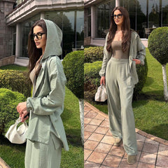 Hooded Solid Color Shirt and Pants Set