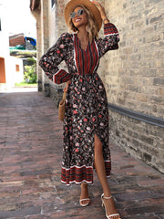 Bohemia Puff Sleeves Floral Printed V-Neck Dress