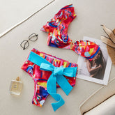 Ruffle Lace Up Printed Bikini Swimsuit