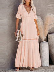 Vacation Puff Sleeves A-Line Solid Dress