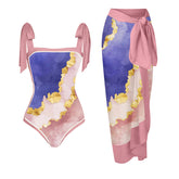 Tie-shoulder Printed One Piece Swimsuit and Sarong Flaxmaker