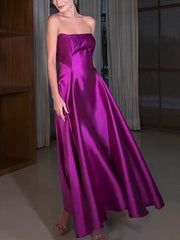 Solid Color A-Line Satin Elegant Tube Maxi Dresses