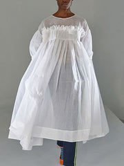 Mesh Pleated See-Through Solid Color Split-Joint A-Line Long Sleeves Round-Neck Midi Dresses