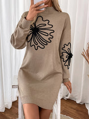 Knitted Flower Split-Joint Long Sleeves Loose Mock Neck Sweater Dresses Mini Dresses