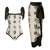 Tie-shoulder Plant Print One Piece Swimsuit and Sarong Flaxmaker