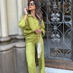 Linen Green Solid color Shirt and Pants Set