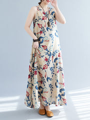 Floral Printed Loose Sleeveless Round-Neck Maxi Dresses