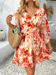 Flower Print Ruffle Trim Split-Joint Tied Waist Flared Sleeves Half Sleeves V-Neck Mini Dresses
