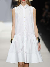 A-line Loose Buttoned Pleated Solid Color Lapel Mini Dresses