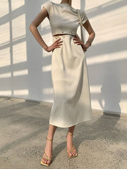 Detachable Hollow Split-Joint A-Line High Waisted Mock Neck Midi Dresses