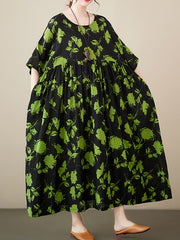 Floral Pleated Loose Round-neck Midi Dresses