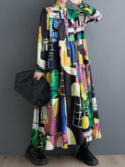 Buttoned Printed Split-Joint Long Sleeves Loose Round-Neck Midi Dresses