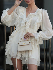 Ruffle Trim Solid Color Tied A-Line High Waisted V-Neck Mini Dresses