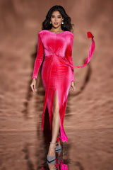 V Neck Velour Draped Slit Dress