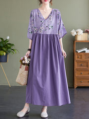 Artistic Retro Loose Floral Printed Split-Joint Midi Dress