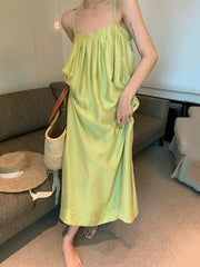 Pleated Solid Color Loose Sleeveless Spaghetti-Neck Slip Dress Midi Dresses