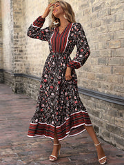Bohemia Puff Sleeves Floral Printed V-Neck Dress