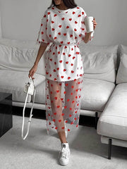 Heart Print Mesh See-Through Split-Joint Loose Short Sleeves Round-Neck Midi Dresses