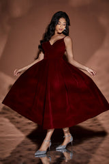 Velour Sling V Neck Midi Puffy Dress