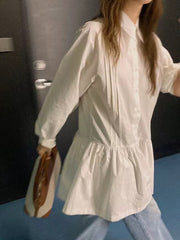 Buttoned Pleated Solid Color A-Line Long Sleeves Lapel Shirt Dress Mini Dresses