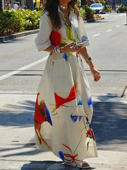 Asymmetric Printed Split-Joint Tied Waist Half Sleeves Loose Lapel Shirt Dress Maxi Dresses