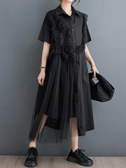 Asymmetric Buttoned Ruffled Solid Color Split-Joint A-Line Half Sleeves Lapel Shirt Dress Midi Dresses