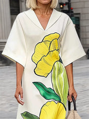 Floral Printed Split-Joint Batwing Sleeves Loose V-neck Maxi Dresses