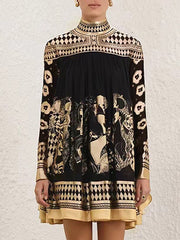 A-Line Long Sleeves Bronzing Printed Split-Joint Mock Neck Mini Dresses