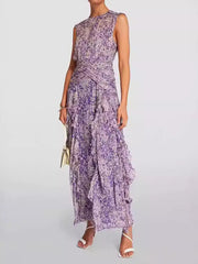 Flower Printed Sleeveless Round-Neck Ruffled Elegant Maxi Dresses