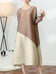 Original Contrast Color Split-Joint Round-Neck Pleated Midi Dress