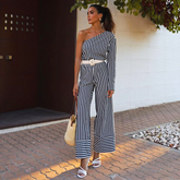 Oblique Shoulder Casual Striped Printed Shirt and Pants Set
