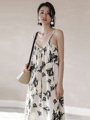 Vacation Loose H-Line Floral Printed V-Neck Dress