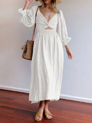 Original A-Line Loose Hollow Solid Color V-Neck Midi Dresses