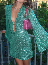 Shiny Sequinned Long Sleeves Hollow Mini Dresses