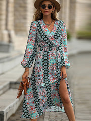 Bohemia A-Line Puff Sleeves Floral V-Neck Dress