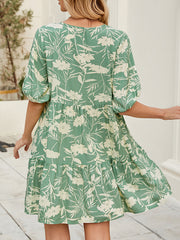 Elasticity Flower Print Pleated Half Sleeves Loose V-Neck Mini Dresses