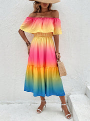 Contrast Color Elasticity A-Line Loose Off-The-Shoulder Midi Dresses