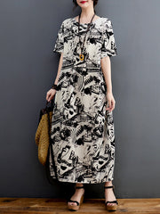 Abstract Printed Half Sleeves Loose Round-Neck Midi Dresses