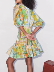 Floral Print Patchwork Half Sleeves Ruffled Mini Dresses