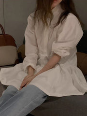 Buttoned Pleated Solid Color A-Line Long Sleeves Lapel Shirt Dress Mini Dresses