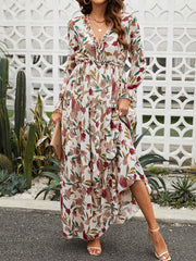 Flower Print Pleated Ruffled High Waisted Long Sleeves V-Neck Maxi Dresses