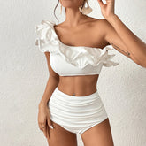 One Shoulder Ruffled White High Waist Bikini Swimsuit Flaxmaker