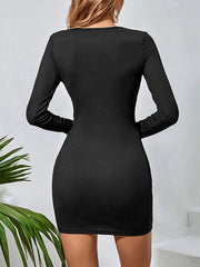 Knot Solid Color Long Sleeves Skinny Round-Neck Mini Dresses