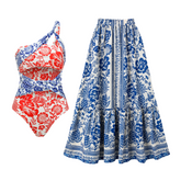 Cutout One Shoulder One Piece Swimsuit and Skirt Flaxmaker