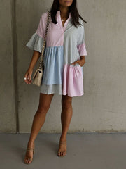 Buttoned Contrast Color Pleated Split-Joint Striped Long Sleeves Loose Stand Collar Shirt Dress Mini Dresses
