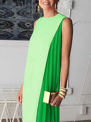 Asymmetric Contrast Color Pleated Split-Joint Loose Sleeveless Round-Neck Maxi Dresses