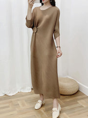 Pleated Solid Color Half Sleeves Irregular Clipping Round-Neck Midi Dresses