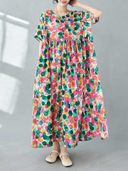 Pleated Polka-Dot Printed Split-Joint Half Sleeves Loose Round-Neck Midi Dresses